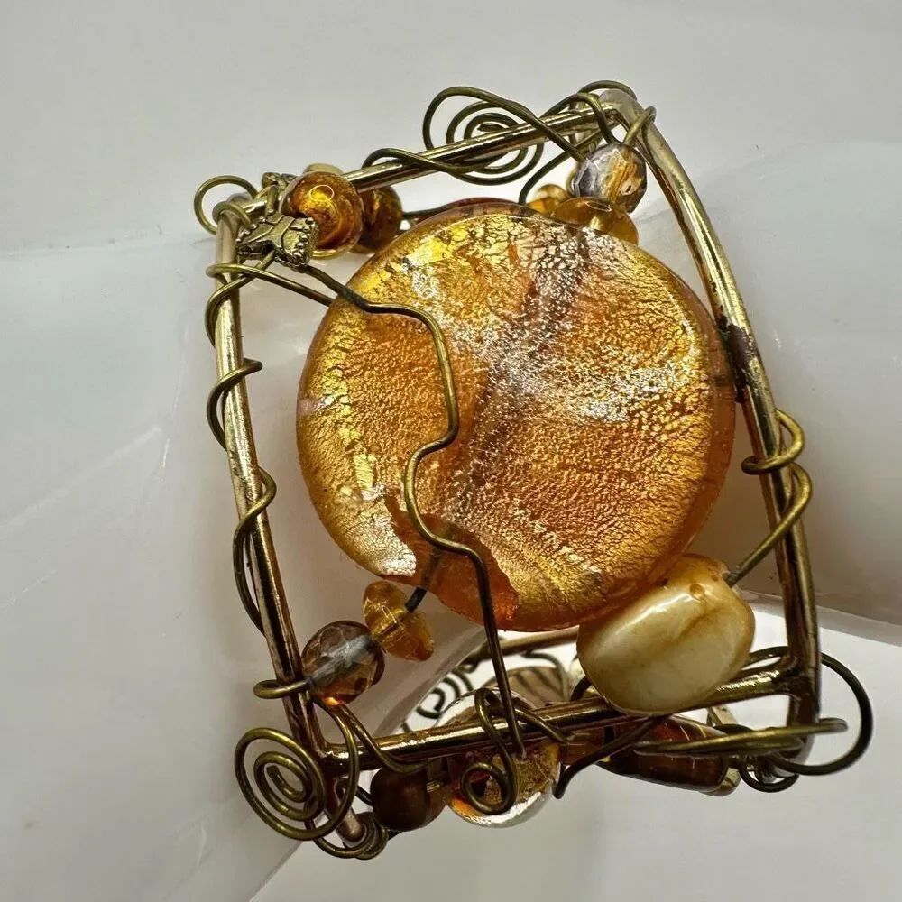 Gold tone wire wrapped glass beaded open cuff bracelet